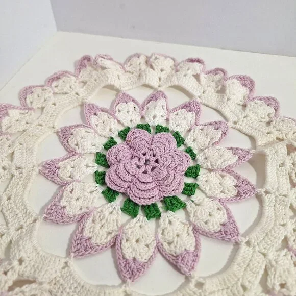 Hand Crocheted Lace Doily Flower Lavender White Green Purple Cotton 10 Inch - Picture 3 of 14